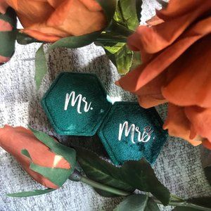Pair of Green Velvet Wedding Ring Boxes, Mrs and Mr